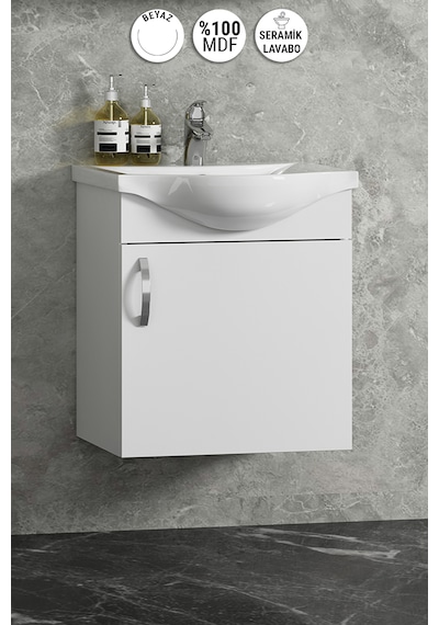 Yıldız 45 Cm Beyaz Mdf Seramik Lavabolu Asma Alt Banyo Dolabı