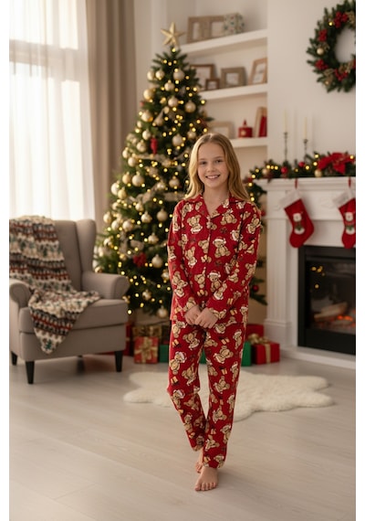 Kız Çocuk Ayıcık Baskılı Pijama Takımı-%100 Pamuk Süet -12482 Kırmızı