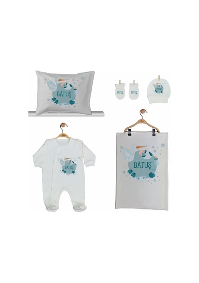 Pia Baby Gl 2004 İsme Özel Leylekli Beşli Tulum Set Mavi