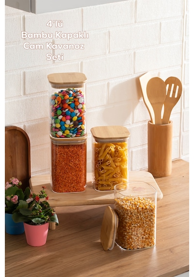 Porsima 6-4 Bambu Vakumlu Kapaklı Kare Borsilikat Cam 4lü Kavanoz Seti Saklama Kabı 1250ml 9,5x15cm
