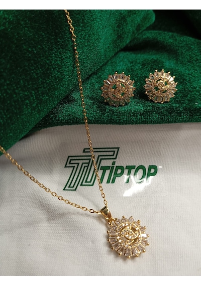 Tiptop/ Gold Renk Zirkon Taşlı Güneş Model Kolye Ve Küpe Set Gold