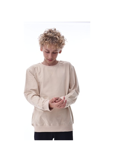 Bej Erkek Çocuk Sweatshirt Rahat Kalıp Pamuklu İki İplik Kumaş Bej