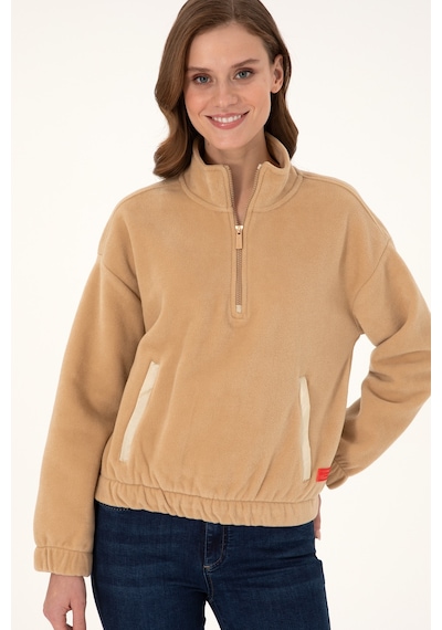 U.S. Polo Assn. Kadın Kum Dik Yaka Fermuarlı Polar Sweatshirt 50297401-VR085