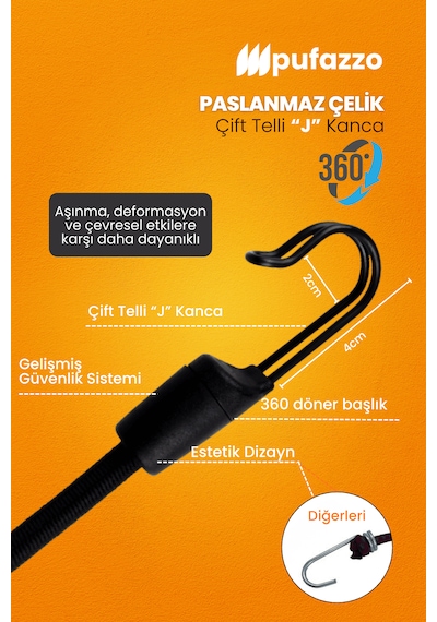 Pufazzo Kancalı Bagaj Lastiği 3 Adet - Bagaj Gergi Lastiği Siyah 30-60-90cm 3 Adet
