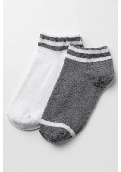 Cocole Socks Erkek Çocuk Patik Çorabı 2 Li Set Pamuklu Beyaz & Gri Çizgi Detaylı Çok Renkli