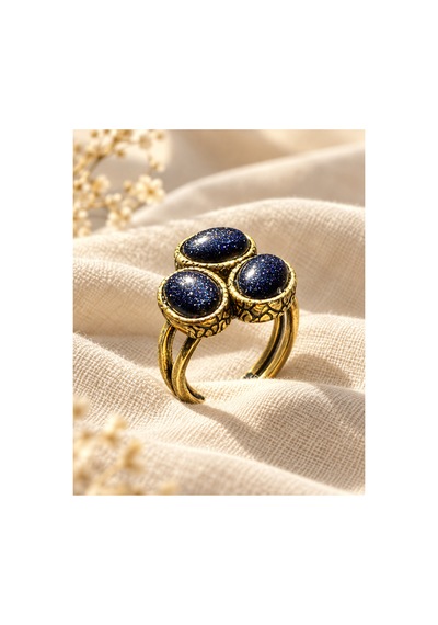 Esoo Jewelry Doğal Taş Detaylı 3 Taşlı Vintage Gold Ayarlanabilir Kadın Yüzük - Gece Işıltısı Lacivert