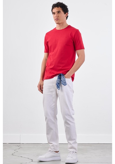Dufy Kırmızı Bisiklet Yaka Pamuklu Düz Renk Slim Fit Erkek T-shirt Kırmızı