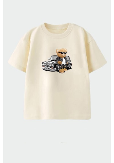 Monila Erkek Çocuk Pamuklu Bisiklet Yaka Araba Ve Ayıcık Baskılı T-shirt Taş