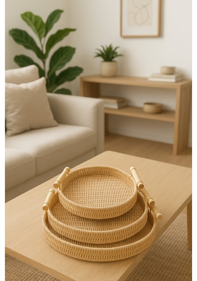 Natura - 3'lü Yuvarlak Rattan Hasır Servis Ve Sunum Tepsisi Seti Ahşap Saplı Dekoratif Tepsi Bej