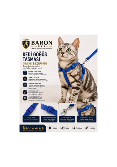 Kedi Göğüs Tasması Ve Gezdirme Kayışı Seti Saks Mavisi Düz Ayarlanabilir