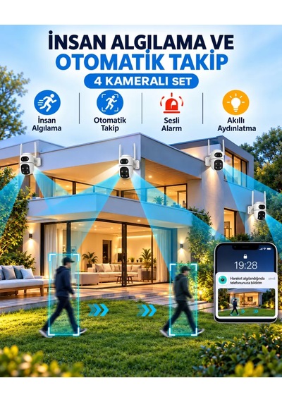 İcsee Set 8 Kameralı 4 Sabit+4 Hareketli Akıllı Güvenlik Kamera Seti 64gb Hafıza Kartlı