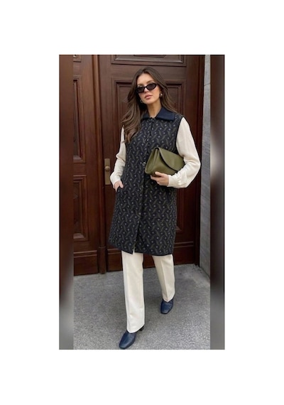 Onno Style Women Desenli Çelik Örgü Uzun Triko Kadın Yelek Kaban Lacivert