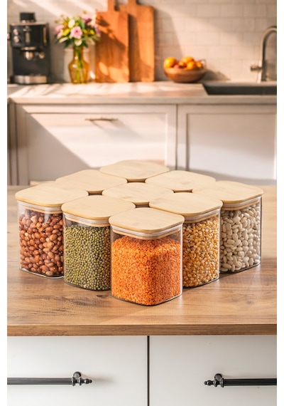 Porsima 5-3 Bambu Vakumlu Kapaklı Kare Borsilikat Cam 9lu Kavanoz Seti Saklama Kabı 750ml 7,5x15cm Ahşap - Şeffaf