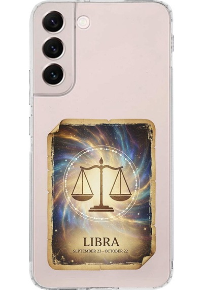 Samsung Galaxy S22 Plus İle Uyumlu Burç Kartları Terazi Tasarımlı Şeffaf Silikon Kılıf Şeffaf