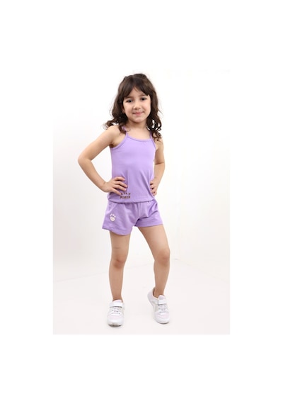 Toontoy Kids Toontoy Kız Bebek 2'li Takım Baskılı Kare Yaka T-shirt & Beli Lastikli Şort - Garni Detaylı Lila