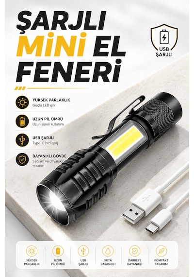 El Feneri Led Usb Şarjlı Zoom Mini Led Işık Acil Durum Feneri - Lisinya Siyah