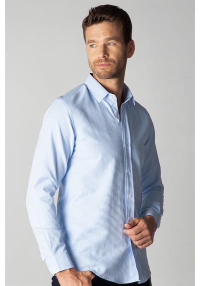 Tudors Modern Slim Fit Uzun Kollu Pamuklu Kolay Ütü Armürlü Erkek Mavi Gömlek-25522 Mavi