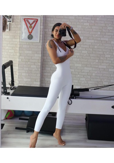 Lismina Kalın Tek Çapraz Askılı Sırt Dekolteli Spor Tayt Tulum Beyaz