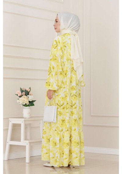 Sevitli Kuşaklı Çiçekli Lina Elbise-sarı-5262 Sarı