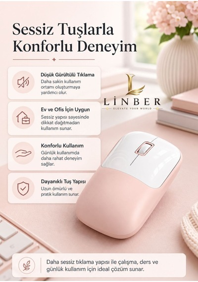Şarjlı Kablosuz Pembe Mouse Bluetooth + 2.4g Çift Modlu Type-c Şarjlı Sessiz Tuşlu Ergonomik Optik 1200/1600 Dpı Taşınabilir Mouse Çok Renkli Diğer