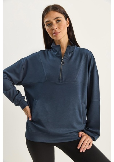 Shade Kadın Dik Yaka Yarım Fermuarlı Cep Detaylı Oversize Modal Sweatshirt 60601053 - Füme