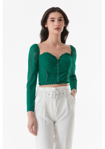 Fullamoda Tül Detaylı Kalp Yaka Crop Bluz 24ygb5949205239-yeşil 24YGB5949205239-Yeşil