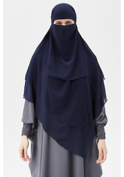 Altobeh Hazır Pratik Şifon Üç Katlı Peçeli Üçgen Hac Umre Şalı Sufle Hijab Nikap Lacivert