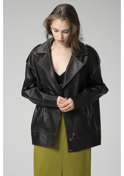 Siyah/taba Dericlub Wm019 Oversize Biker Hakiki Deri Kadın Mont