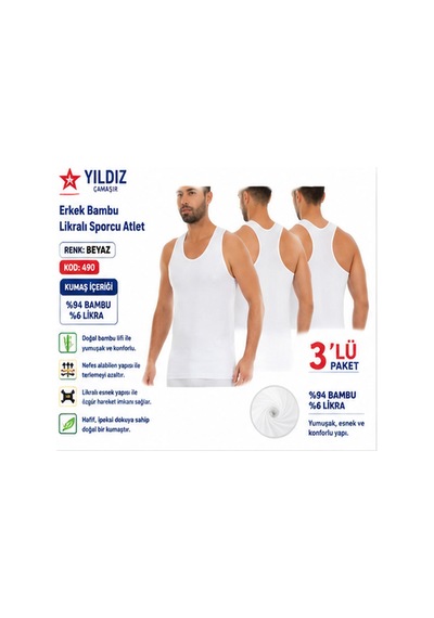 Yıldız Çamaşır Erkek Bambu Sporcu Likralı Atlet 490-491-492 - 3 Adet Beyaz