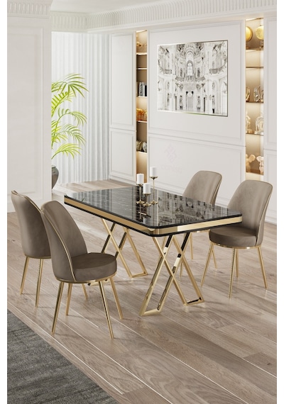 Canisa Vals Serisi 80x130 Lak Panel Siyah Mermer Desen Masa Takımı Gold Ayaklı 4 Cappucino Sandalye Masa Siyah Mermer Desen Sandalye Cappucino Canisa Vals Serisi 80x130 Lak Panel Siyah Mermer Desen Masa Takımı Gold Ayaklı 4 Cappucino Sandalye Masa Siyah Mermer Desen Sandalye Cappucino