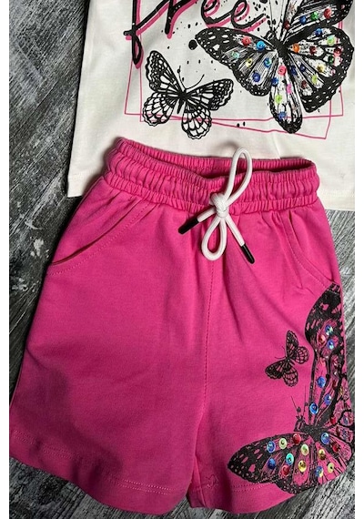 Riccotarz Kız Çocuk Kelebek Ve Yazı Baskılı Penye Pembe Şortlu Takım 001