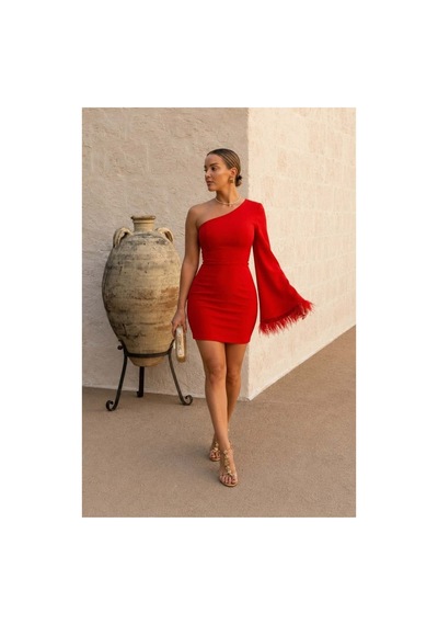 DefyModa Kadın Gösterişli Tek Omuz Mini Abiye Elbise Kırmızı