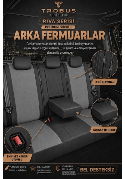 Renault Laguna 2001-2015 Uyumlu Riva Serisi Tay Tüyü Bel Destekli Füme Siyah Premium Koltuk Kılıfı