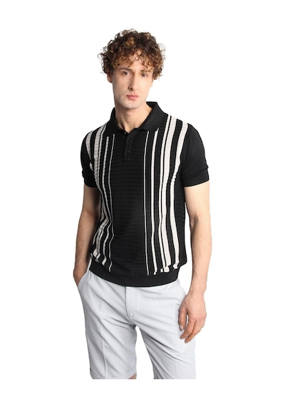 İgs Siyah Slim Fit Dar Kalıp Düğmeli Polo Yaka Desenli Kısa Kollu Triko Tişört-16315