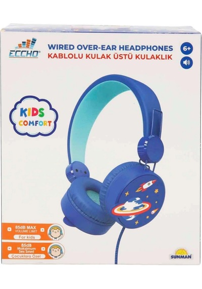 Uzay Desenli Mikrofonlu Kulak Üstü Kulaklık Mavi