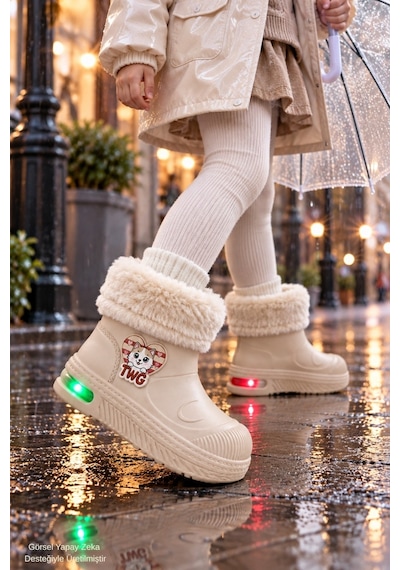 Muggo Muppy Işıklı Kürk Detaylı Unisex Çocuk Günlük Yağmur Ve Kar Botu Bej