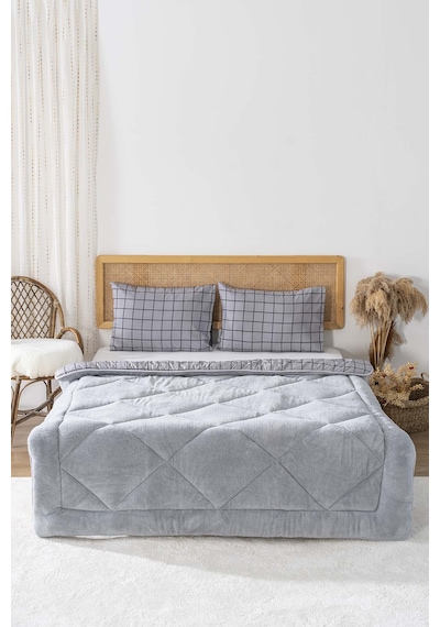 Rivaistanbul Gri Kareli Loura Çift Kişilik Çift Taraflı Lüx Wellsoft Yorgan Seti 195x215 Cm Gri