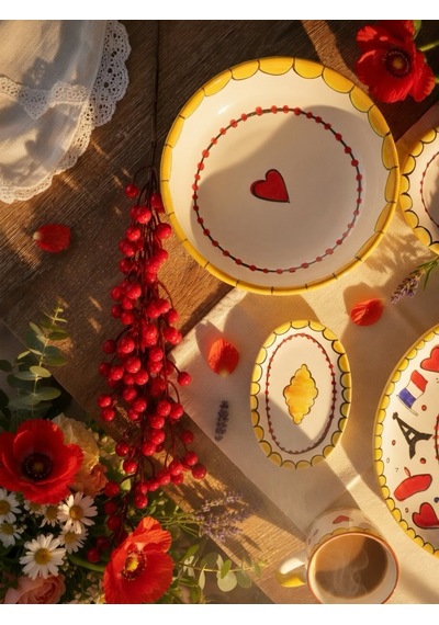 4 Parça El Boyaması Seramik Kahvaltı Seti Sarı - Kırmızı - Siyah