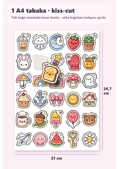 30 Adet Sevimli Karakter Sticker Seti Boba Çayı, Yağmurlu Bulut, Uykulu Hilal - Laptop Defter Ajanda İçin Renkli Çok Renkli