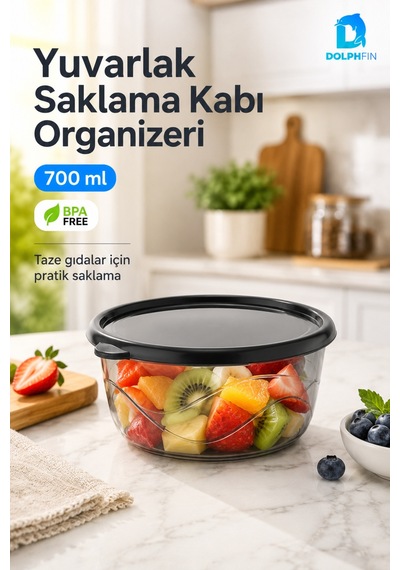 Yuvarlak Saklama Kabı 700 Ml 14,5x14,5x6 Cm Şeffaf Siyah Kapaklı Bpa İçermez