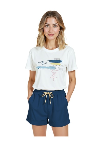 Kadın Beyaz Relaxed Fit %100 Pamuk Tişört Soyut Suluboya Deniz Beyaz