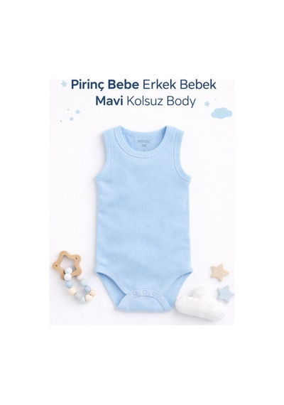 Pirinç Bebe Unisex Bebek Kolsuz Body 2 Li Set Mavi Beyaz - 833300319 Beyaz