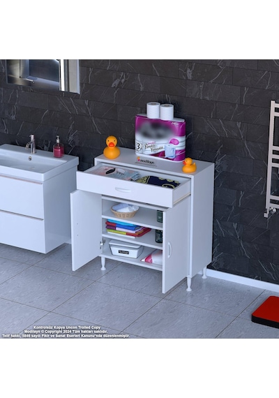 Modilayn Emir 75 X 88 X 32,5 Cm 1 Çekmece 2 Kapak 3 Raf 4 Bölme Çok Amaçlı Banyo & Mutfak Dolabı Beyaz