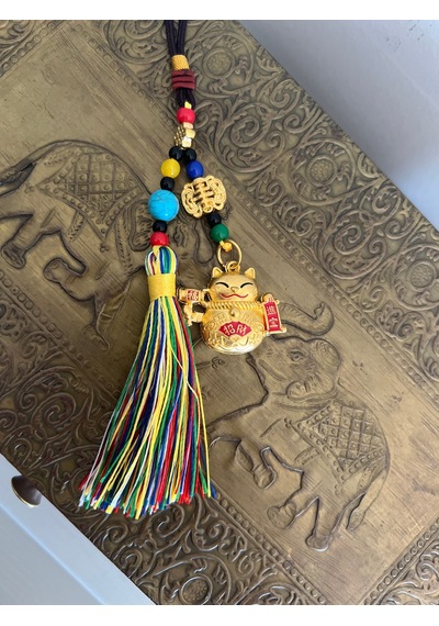 Feng Shui Bereket Ve Şans Kedisi Asılabilir Dekor /maneki Neko Gold Püsküllü Araba Aynası Süsü 1 Adet