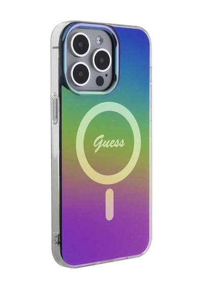 Apple Uyumlu iPhone 15 Pro Kılıf Guess Lisanslı Magsafe Şarj Özellikli Yazı Logo Iridescent Siyah