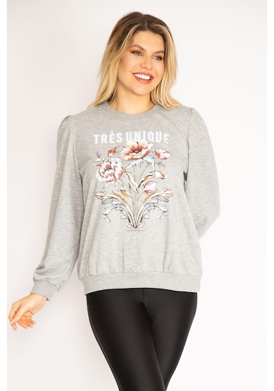 Şans Kadın Büyük Beden Gri 3 İplik Kalın Ön Baskılı Omuz Büzgülü Ribanalı Sweatshirt 65n37105-gri Gri