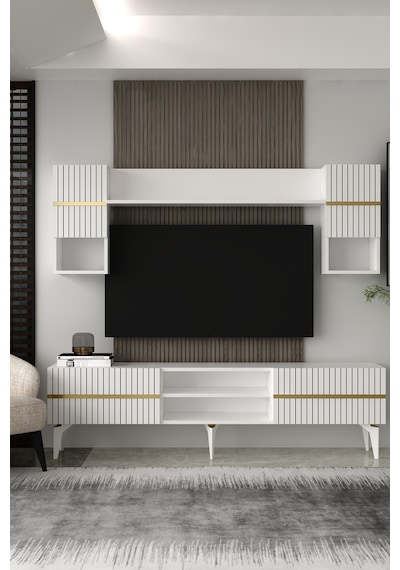180dhdtür5ba Tedy Lazer Pleksi Desenli Raflı Tv Ünitesi Takımı Beyaz-altın