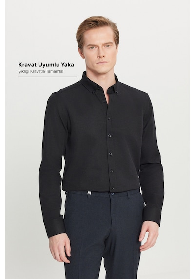Ac&Co / Altınyıldız Classics Erkek Sıyah Tailored Slim Fit Dar Kesim Düğmeli Yaka Oxford Gömlek Sıyah Siyah