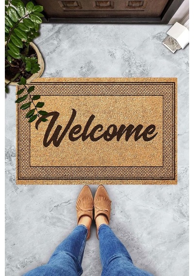 Theclouds Dijital Baskılı Welcome Yazılı Etnik Desen Çerçeveli Dekoratif Kapı Önü Paspası, Kahverengi Diğer