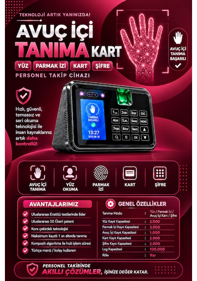 Linadex Lx-220315-m Avuç İçi Okuma-yüz Okuma-parmak İzi Okuma Ve Kartlı Personel Kontrol Cihazı -maaş Puantaj Yazılımı Ve 15 Kart Hediye